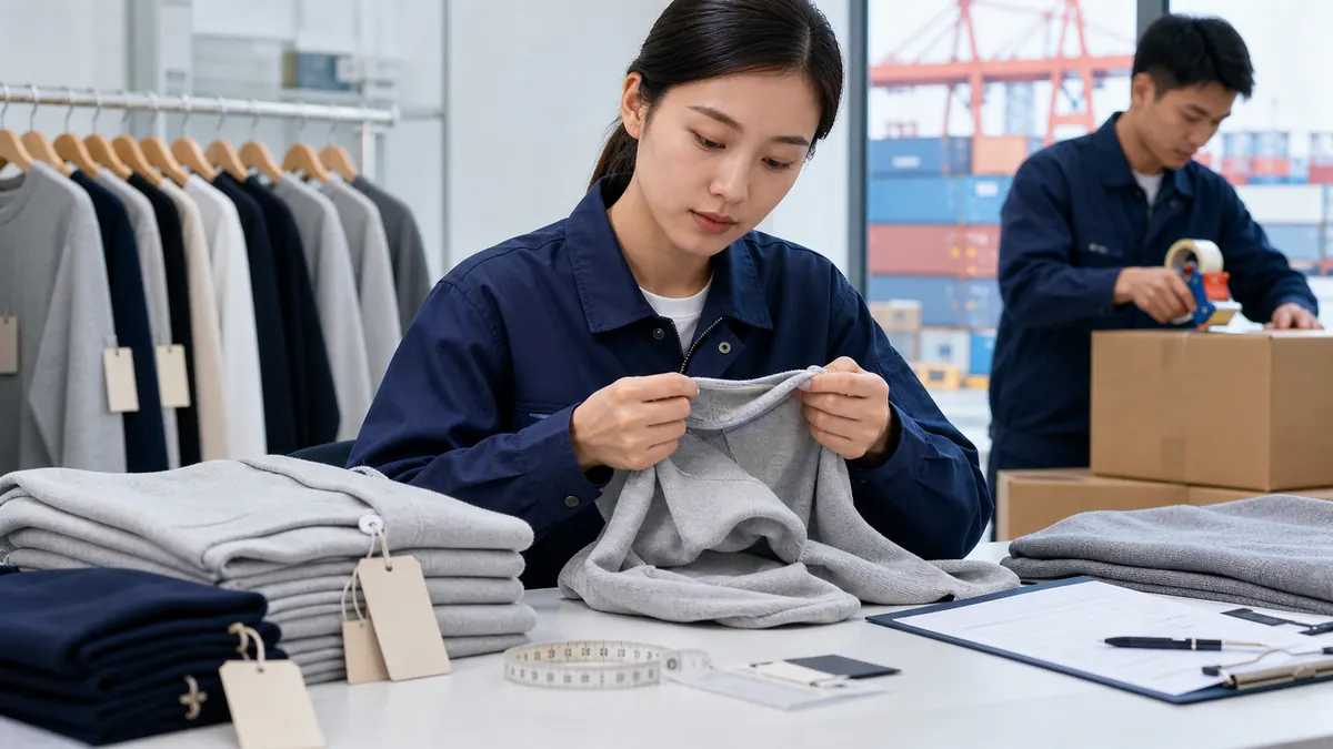 青島エリアで日本向けアパレルOEMの検品と出荷準備を行う様子