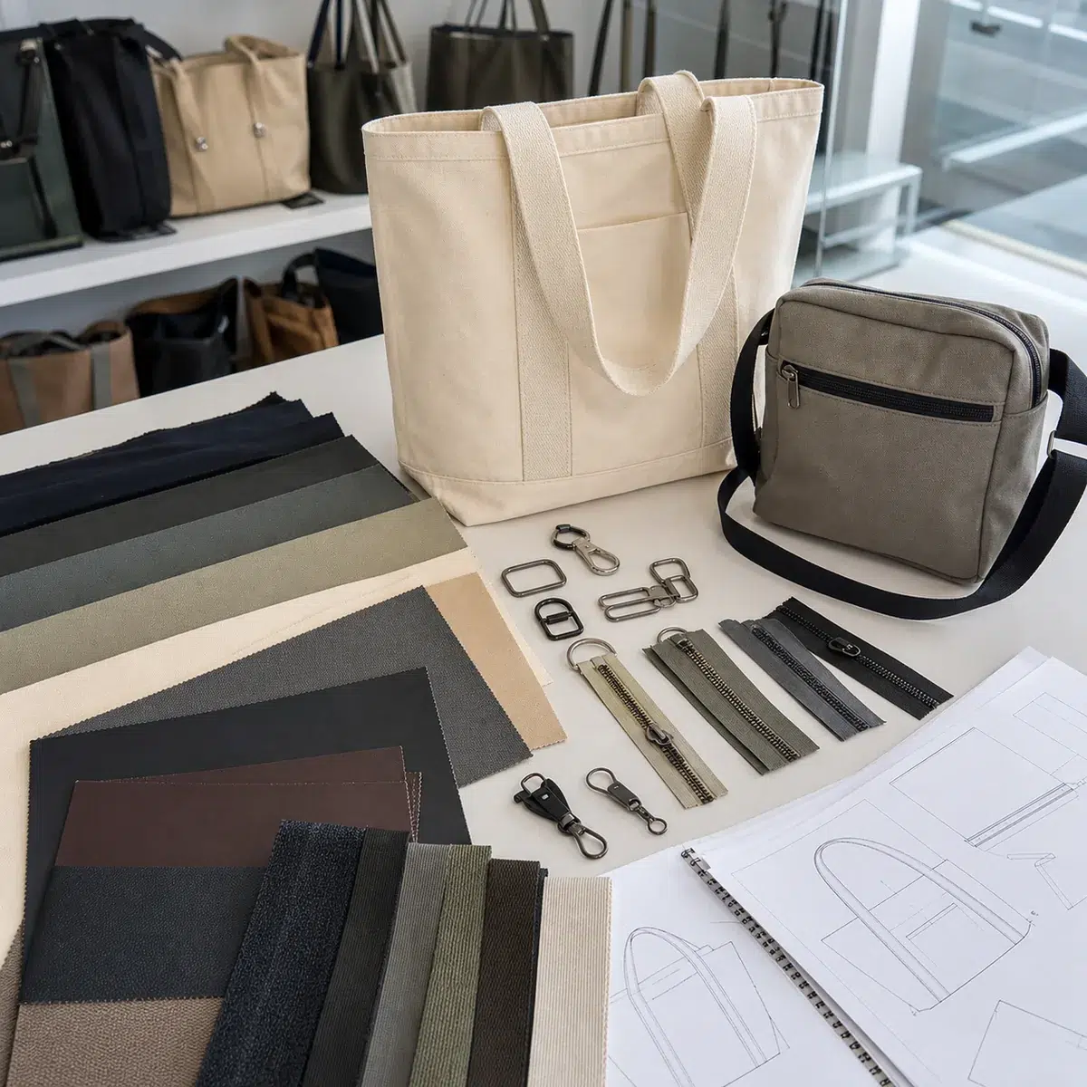 バッグOEM製造で素材、金具、ファスナー、サンプル仕様を確認する企画シーン