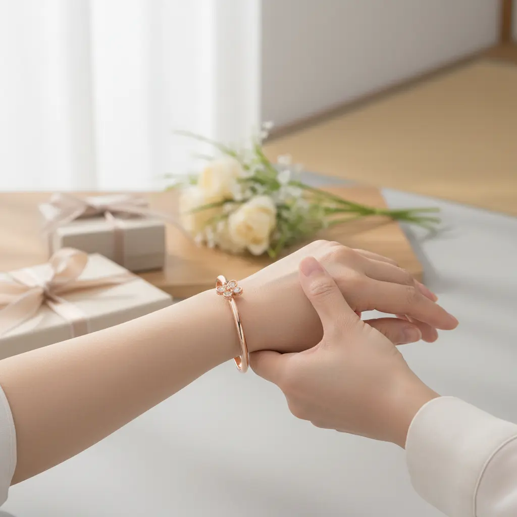 誕生日や母の日などの特別な日に、女性が贈り物としてこのバングルを受け取る、暖かくエレガントなシーン