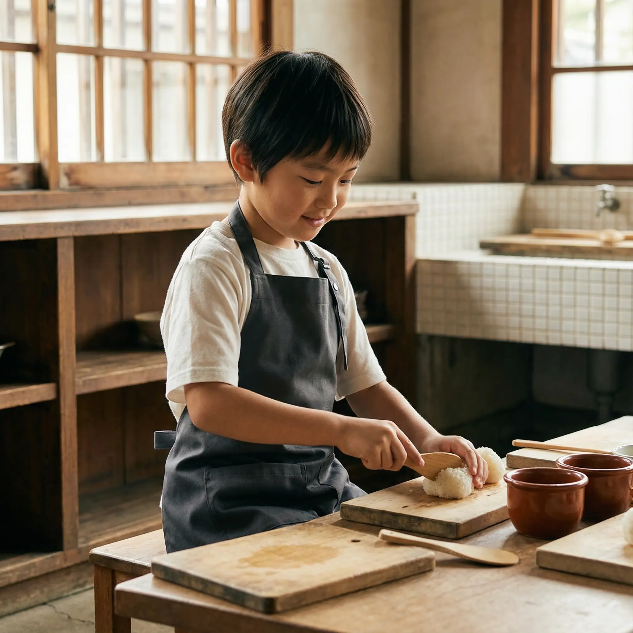 小学生 エプロン 給食, 親子 クッキング, 自立支援 シーン