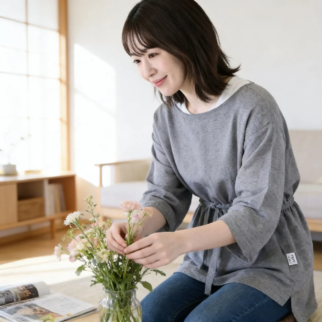 本人女性モデル, ナチュラルな暮らし, 杢調チュニック割烹着シーン