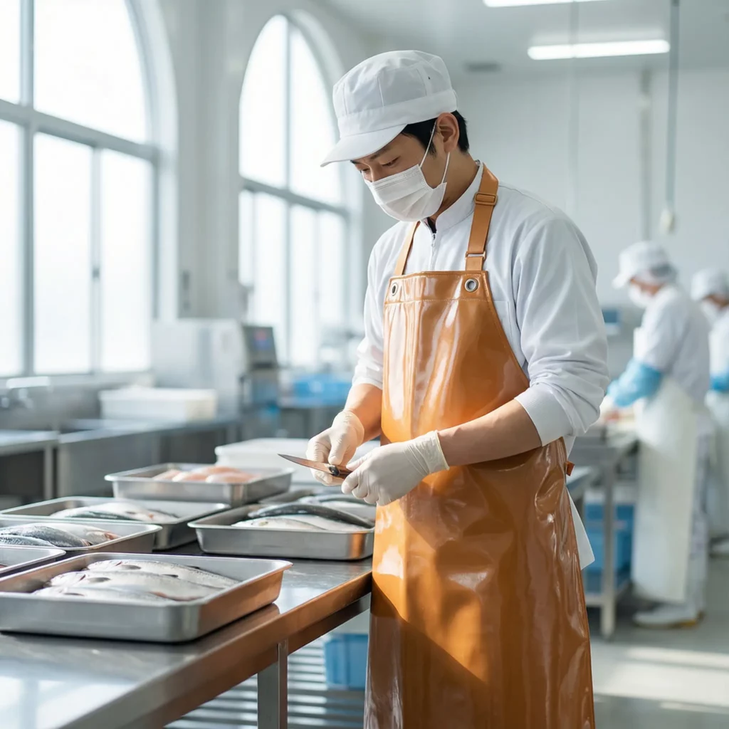 日本人作業者, 水産加工場, 防水エプロン着用シーン