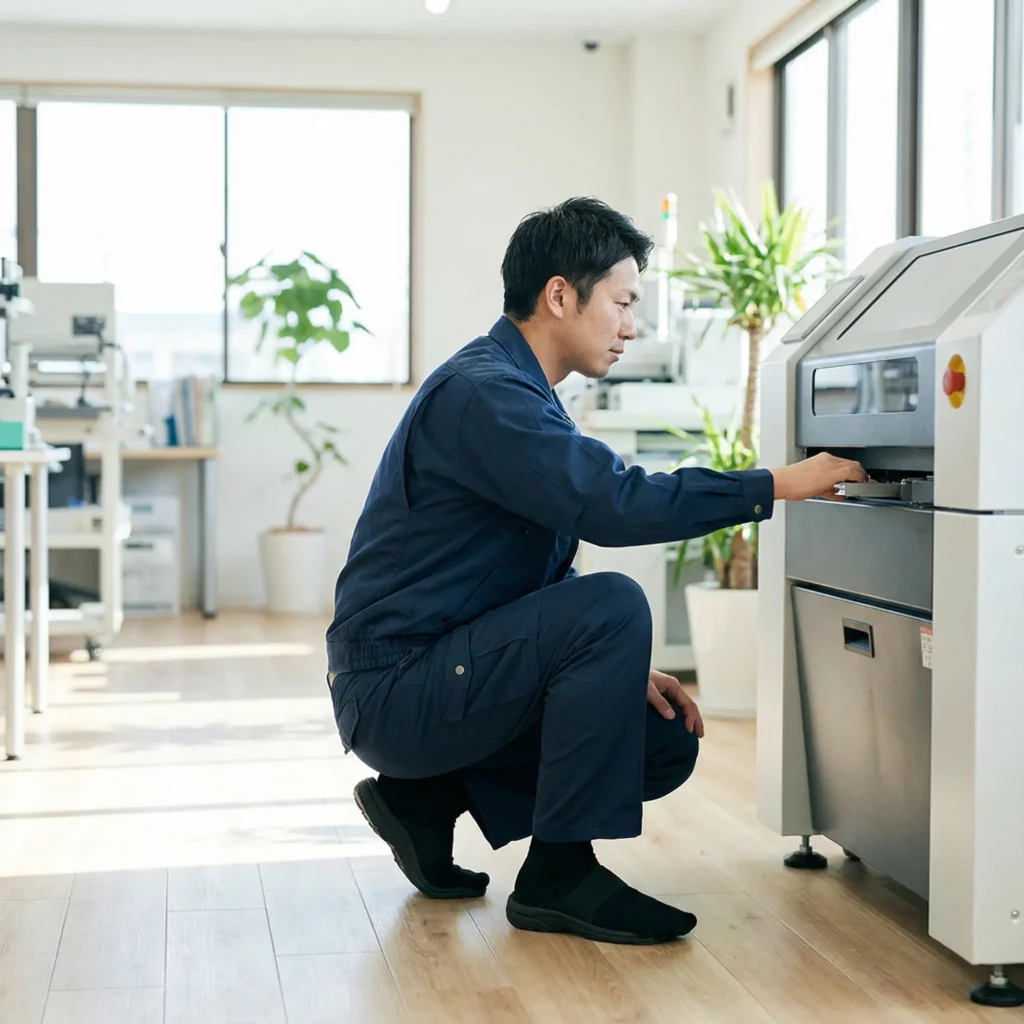日本人男性作業員, 安全靴着用, 東京工場シーン