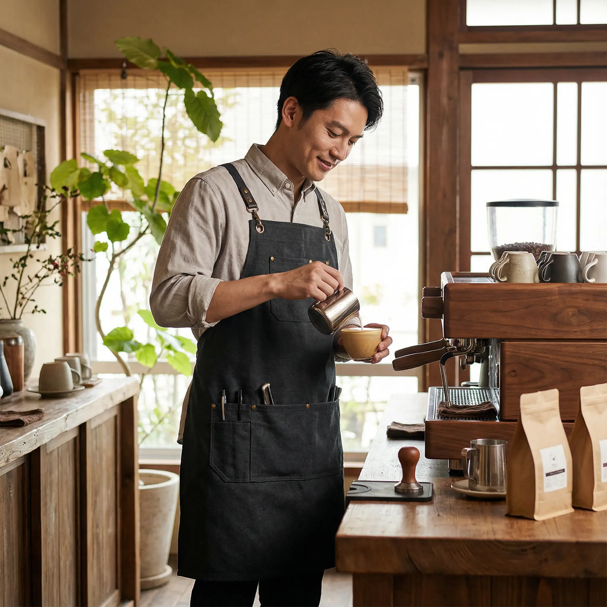 カフェ エプロン 着用, 接客シーン, 店舗ユニフォーム