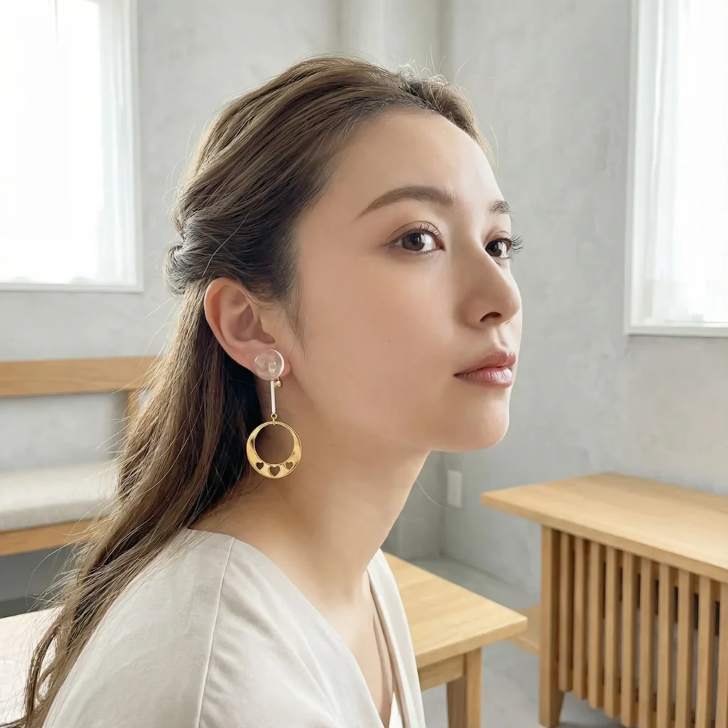日本人女性モデル, 透明イヤリング, 東京スタイル, ナチュラルヘア, 木調インテリア, 柔らかい光, ミニマルファッション
