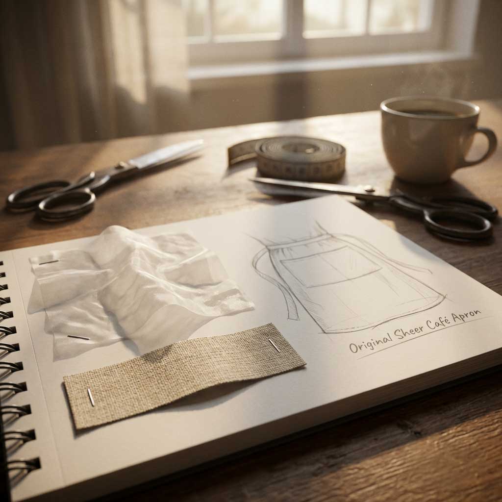 オリジナルシア・カフェエプロンOEM制作事例:デザインラフ案と素材(撥水加工シアーナイロン・麻混紡テープ)