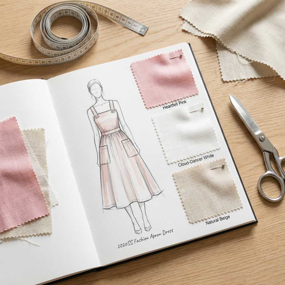 TransMokoデザイン提案:エプロンドレスの生地質感と裁断バサミ・メジャーのディテール