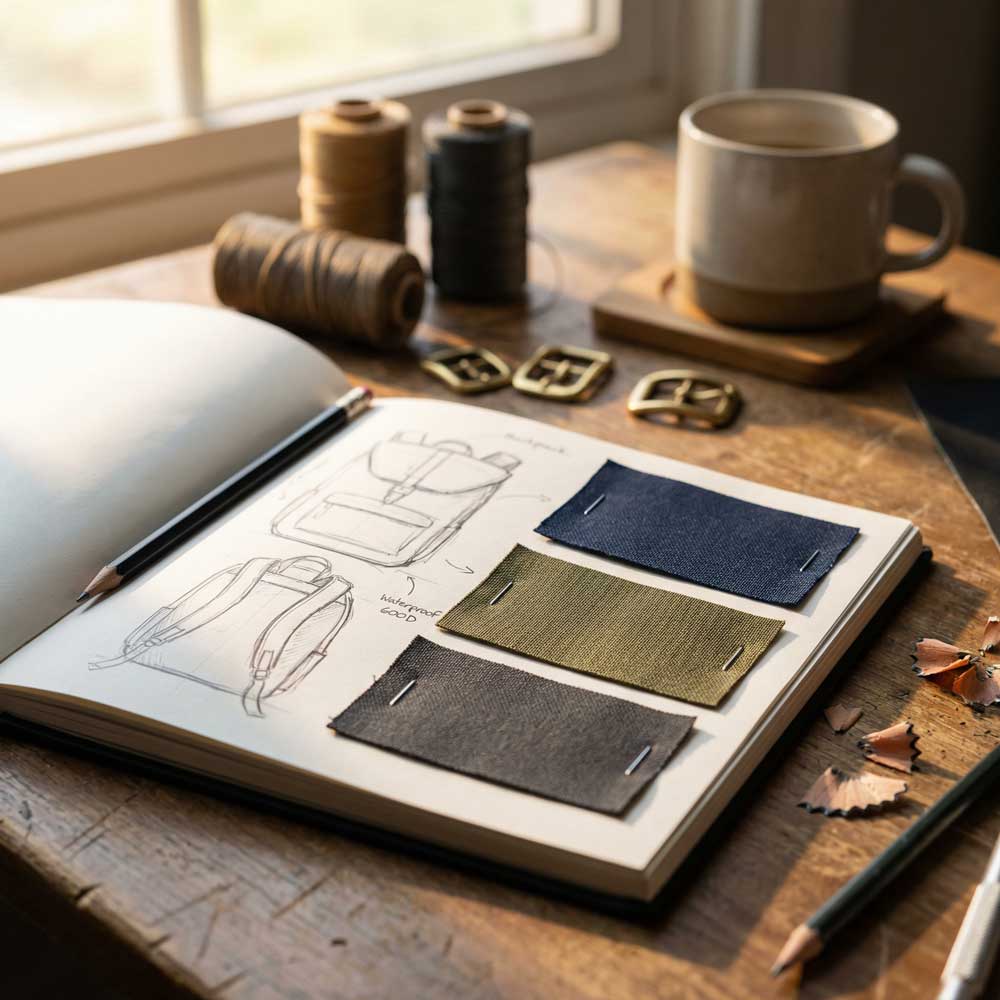 TransMokoデザイン提案:スクールバッグと(金属バックル・厚手糸・キャンバス生地サンプル)のディテール